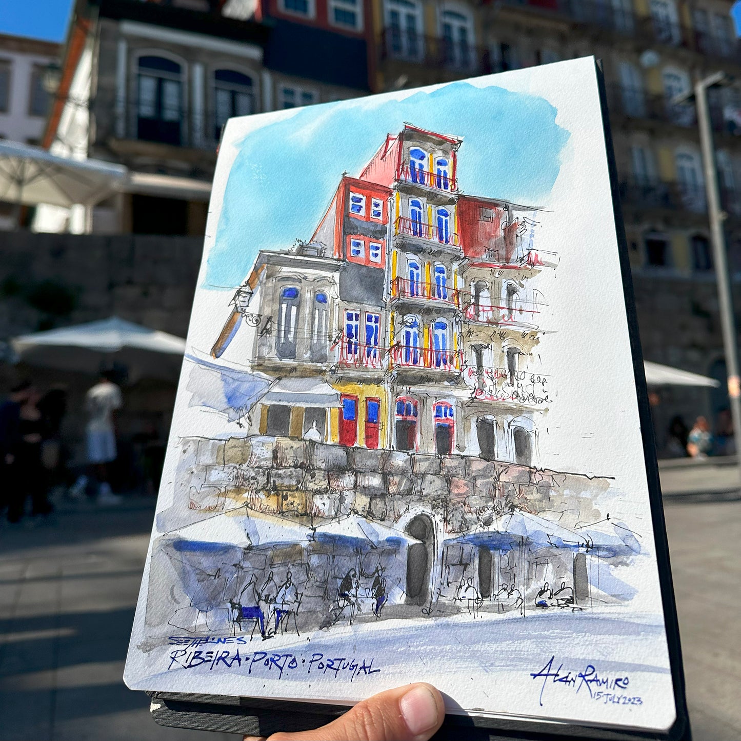 Original - Ribeira, Porto Ink and Watercolor Drawing