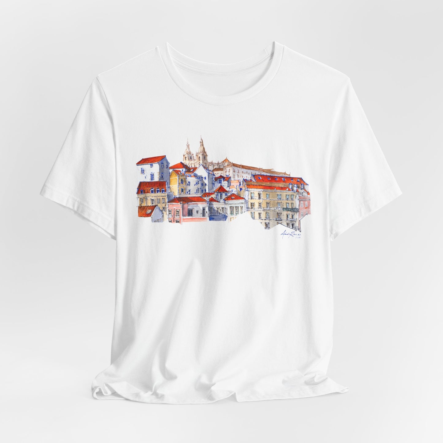 Lisbon Cityscape Watercolor T-Shirt — Charming European Village Illustration