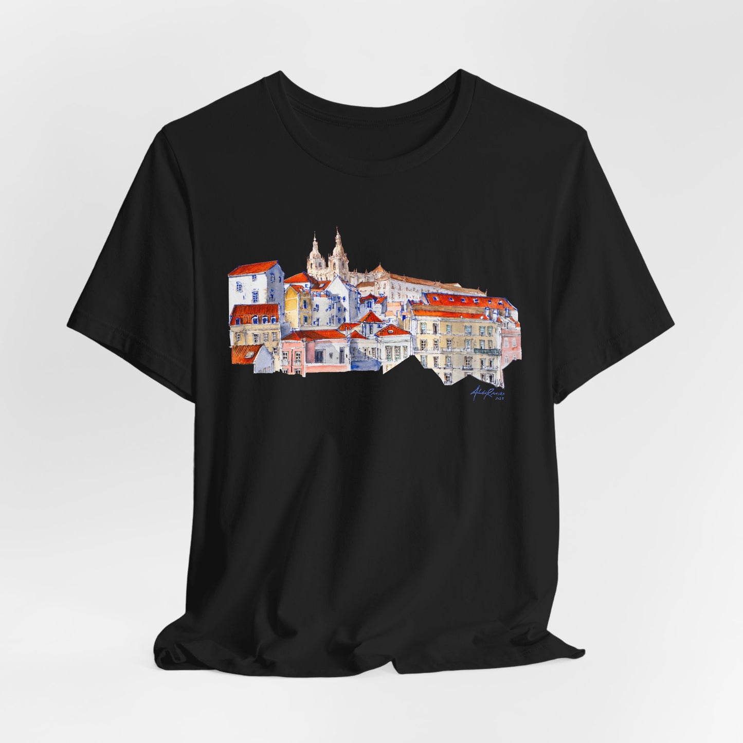 Lisbon Cityscape Watercolor T-Shirt — Charming European Village Illustration