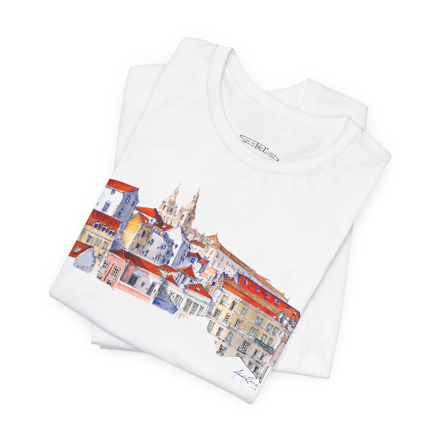 Lisbon Cityscape Watercolor T-Shirt — Charming European Village Illustration