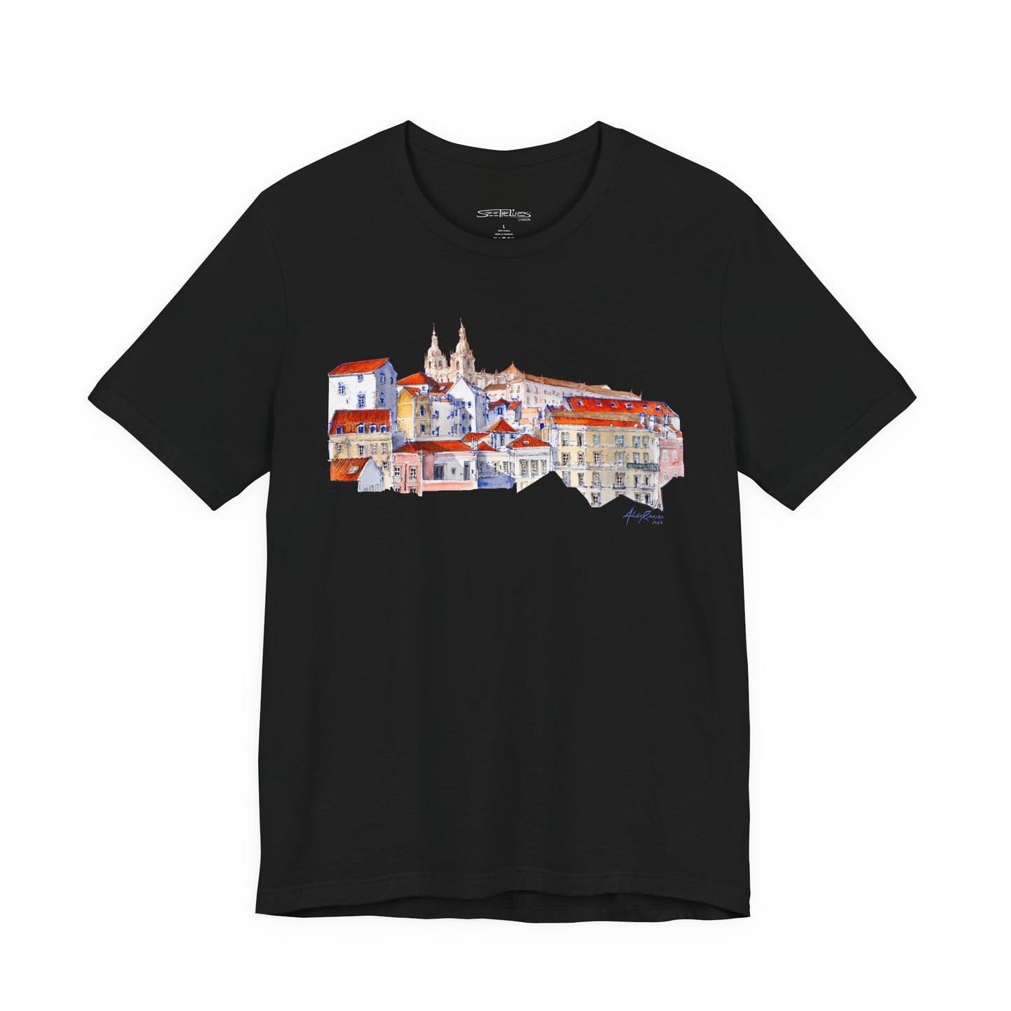 Lisbon Cityscape Watercolor T-Shirt — Charming European Village Illustration