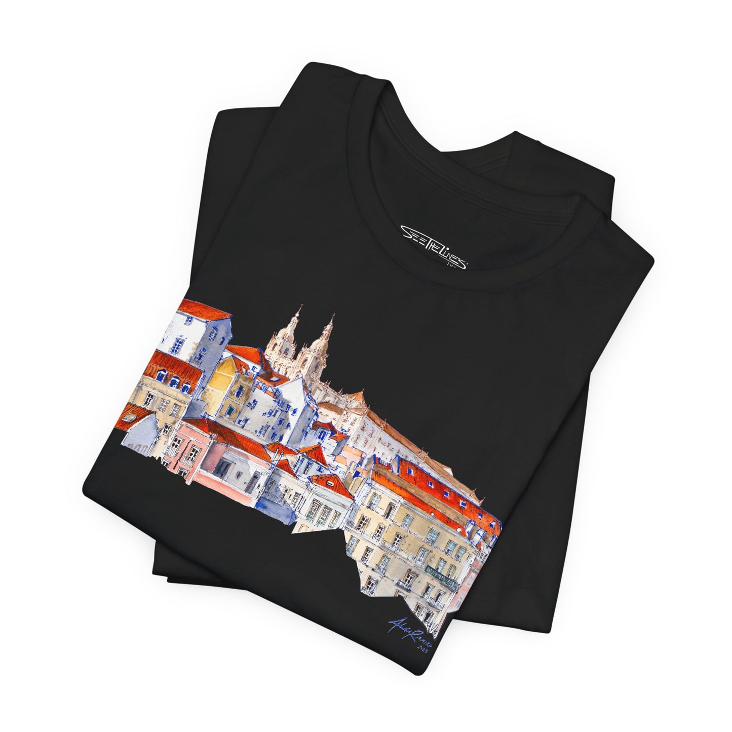 Lisbon Cityscape Watercolor T-Shirt — Charming European Village Illustration