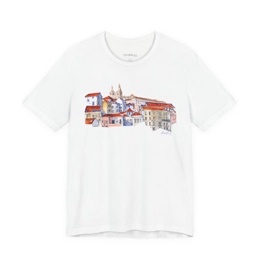 Lisbon Cityscape Watercolor T-Shirt — Charming European Village Illustration