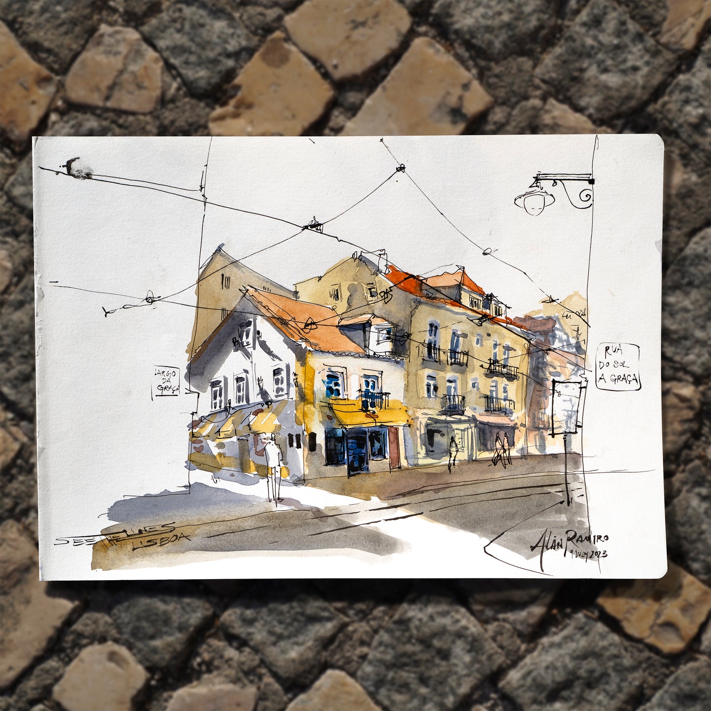 Original - Graca, Lisbon Urban Light Ink and Watercolor Drawing