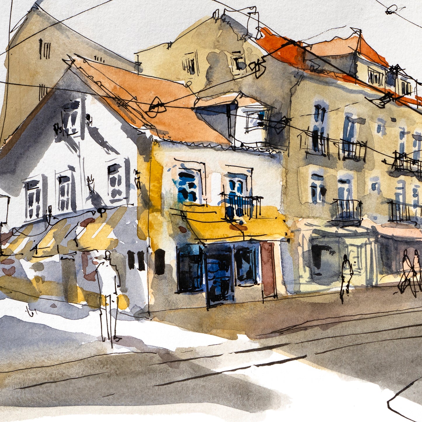 Original - Graca, Lisbon Urban Light Ink and Watercolor Drawing