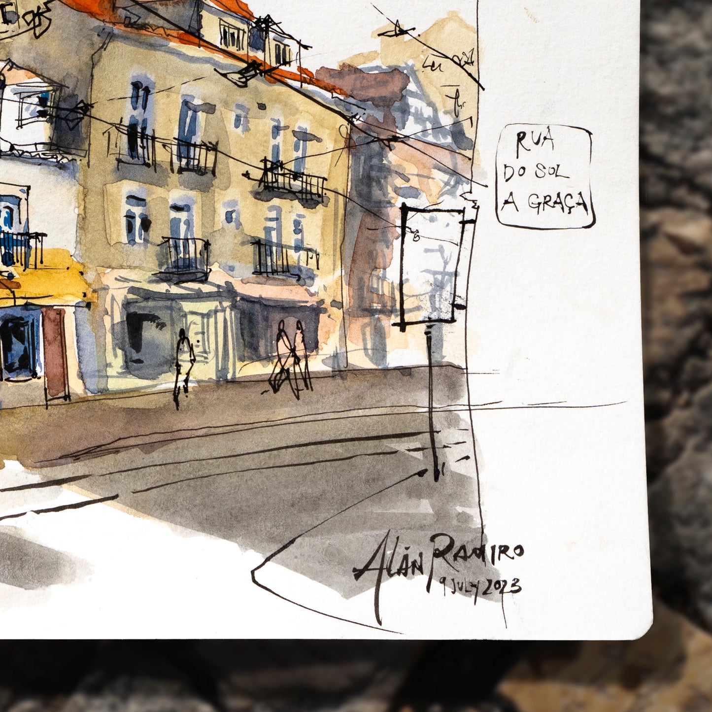 Original - Graca, Lisbon Urban Light Ink and Watercolor Drawing