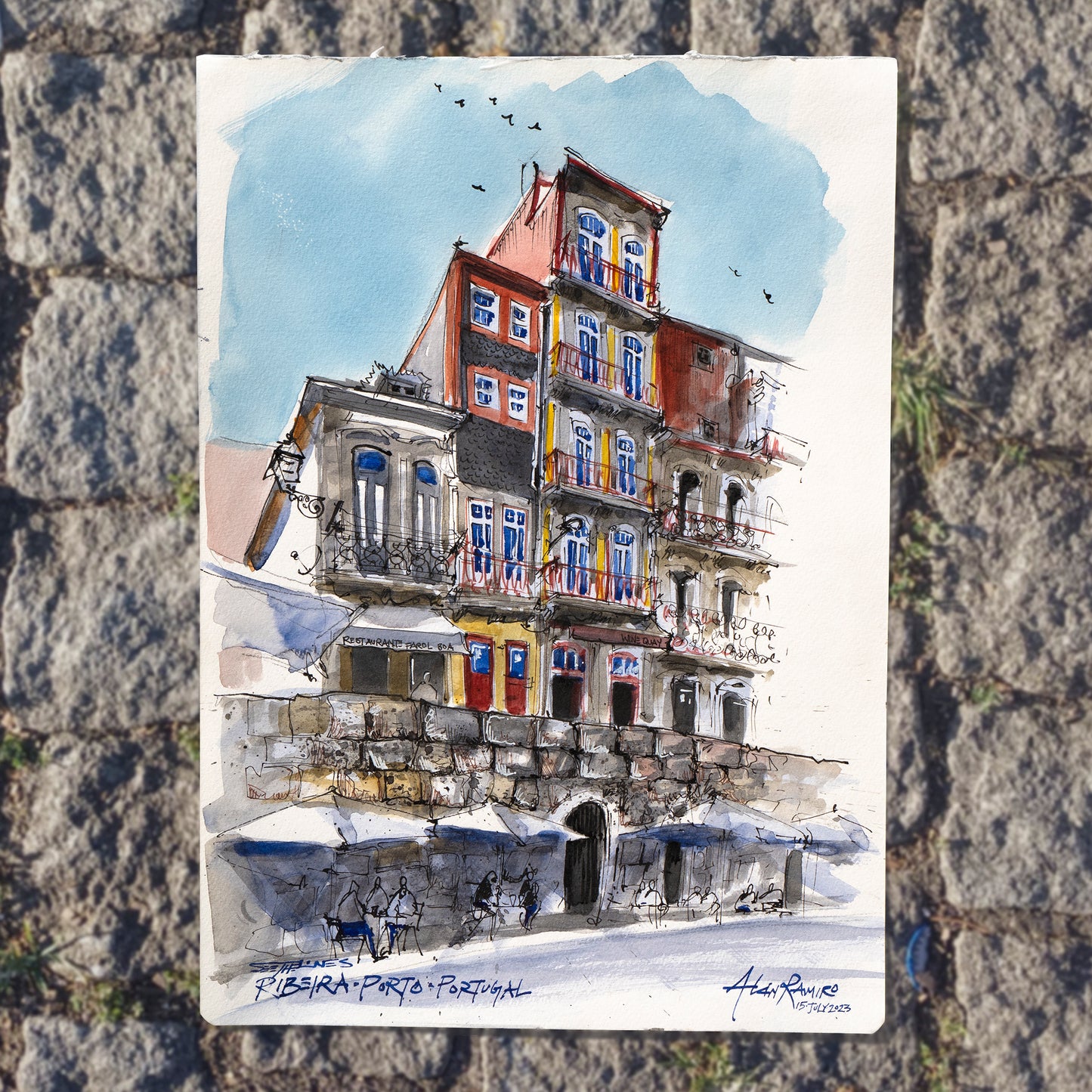 Original - Ribeira, Porto Ink and Watercolor Drawing