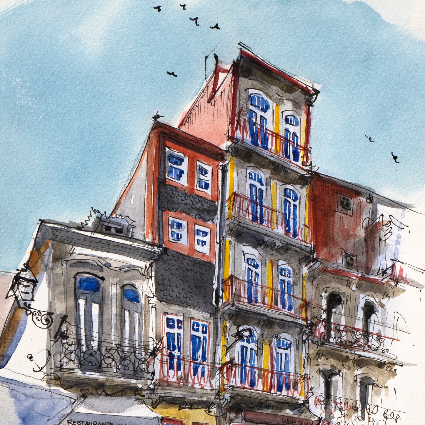 Original - Ribeira, Porto Ink and Watercolor Drawing