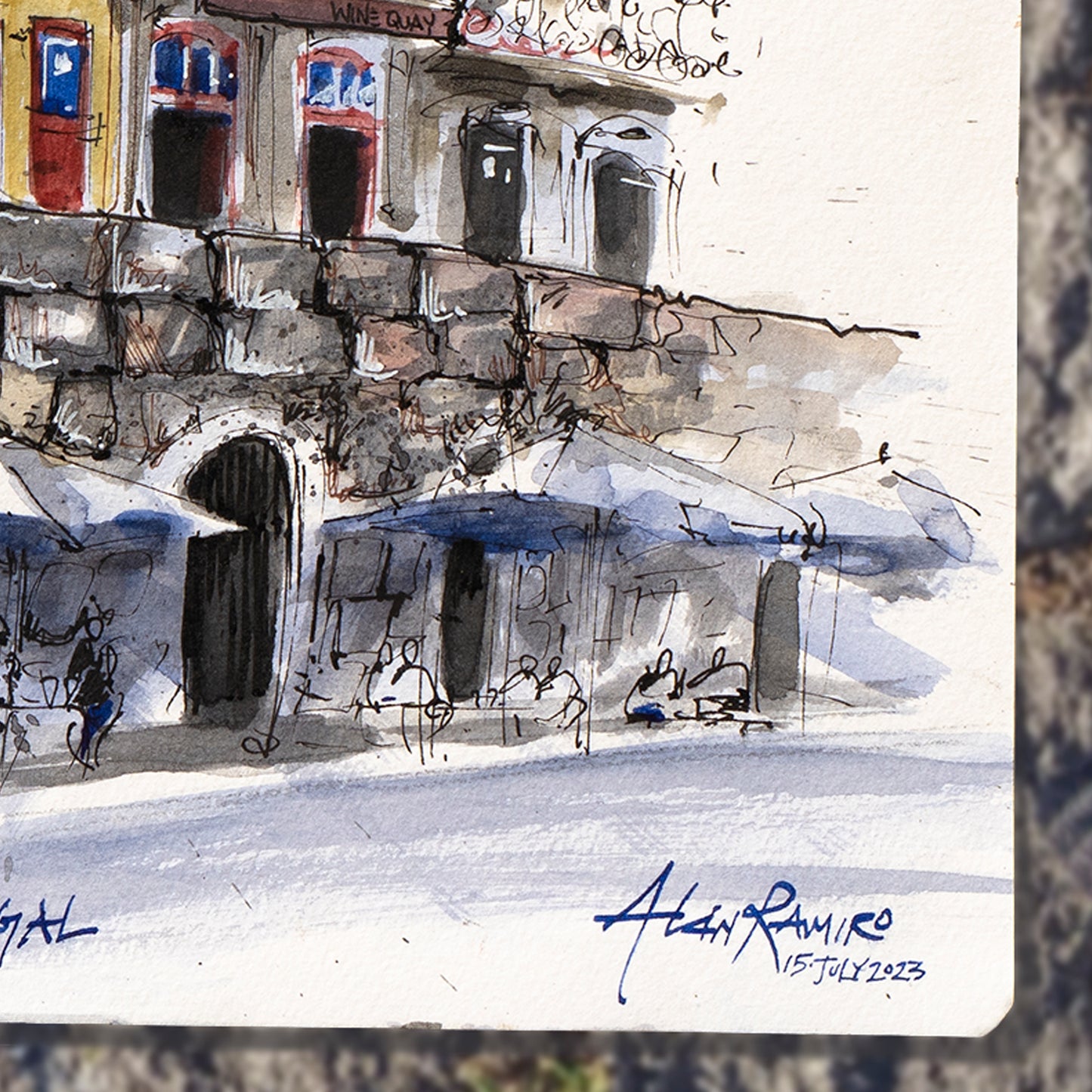 Original - Ribeira, Porto Ink and Watercolor Drawing